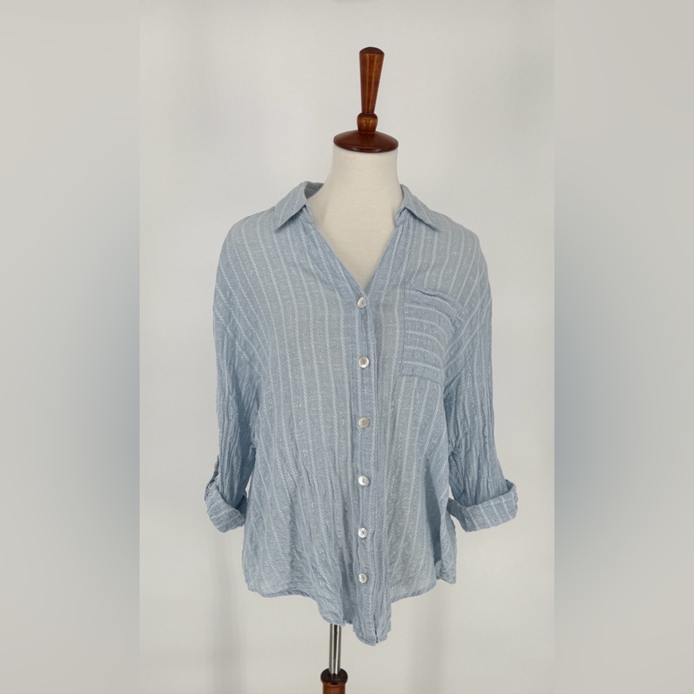 Club Z Collection Light Blue Striped Button Up Shirt Sz. 1X Cotton Blend